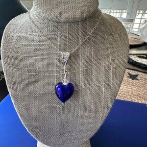 Blue Murano Glass Small Heart Pendant on Sterling Silver Chain